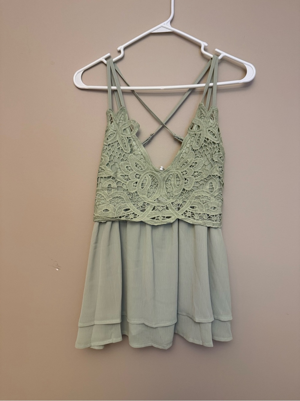 Sage Green Lace Trim Spaghetti Strap Top